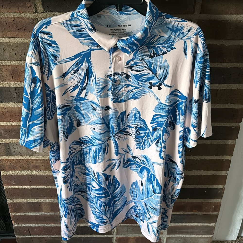 Mens Under Armour Golf Shirt, XL, The Playoff Polo, Tropical, White/Blue